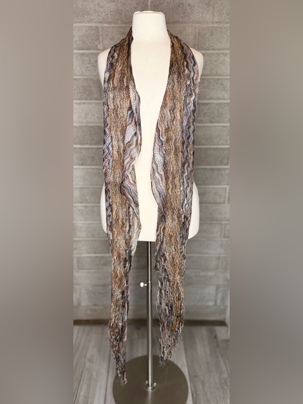 Zigzag Open Knit Scarf Shawl Wrap Brown Gray Orange Fringe Boho Lightweight